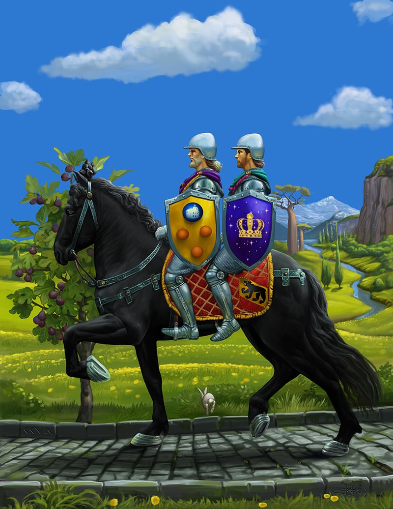 Pictorial version of logo, two knights on a horse